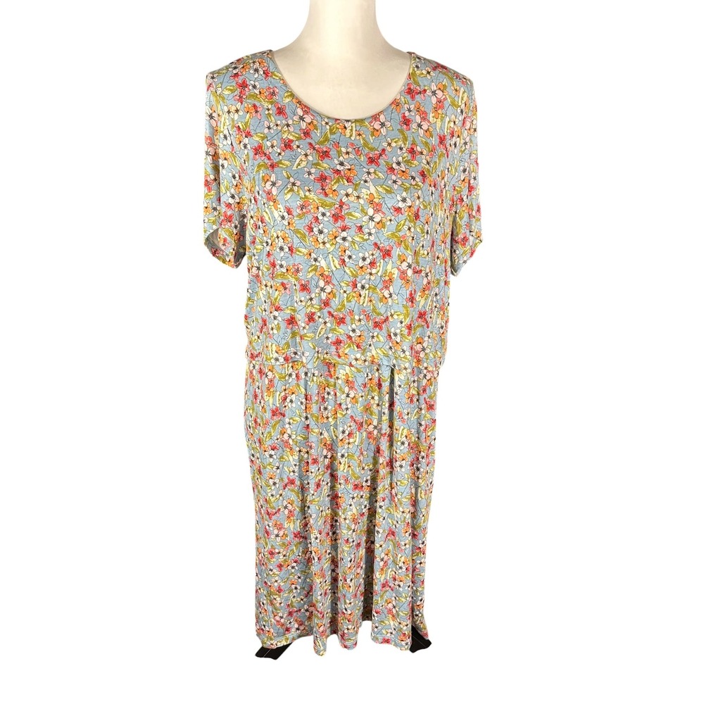 J. Jill Midi Dress NWOT Womens L Blue Floral Short Sleeve Button Back Rayon